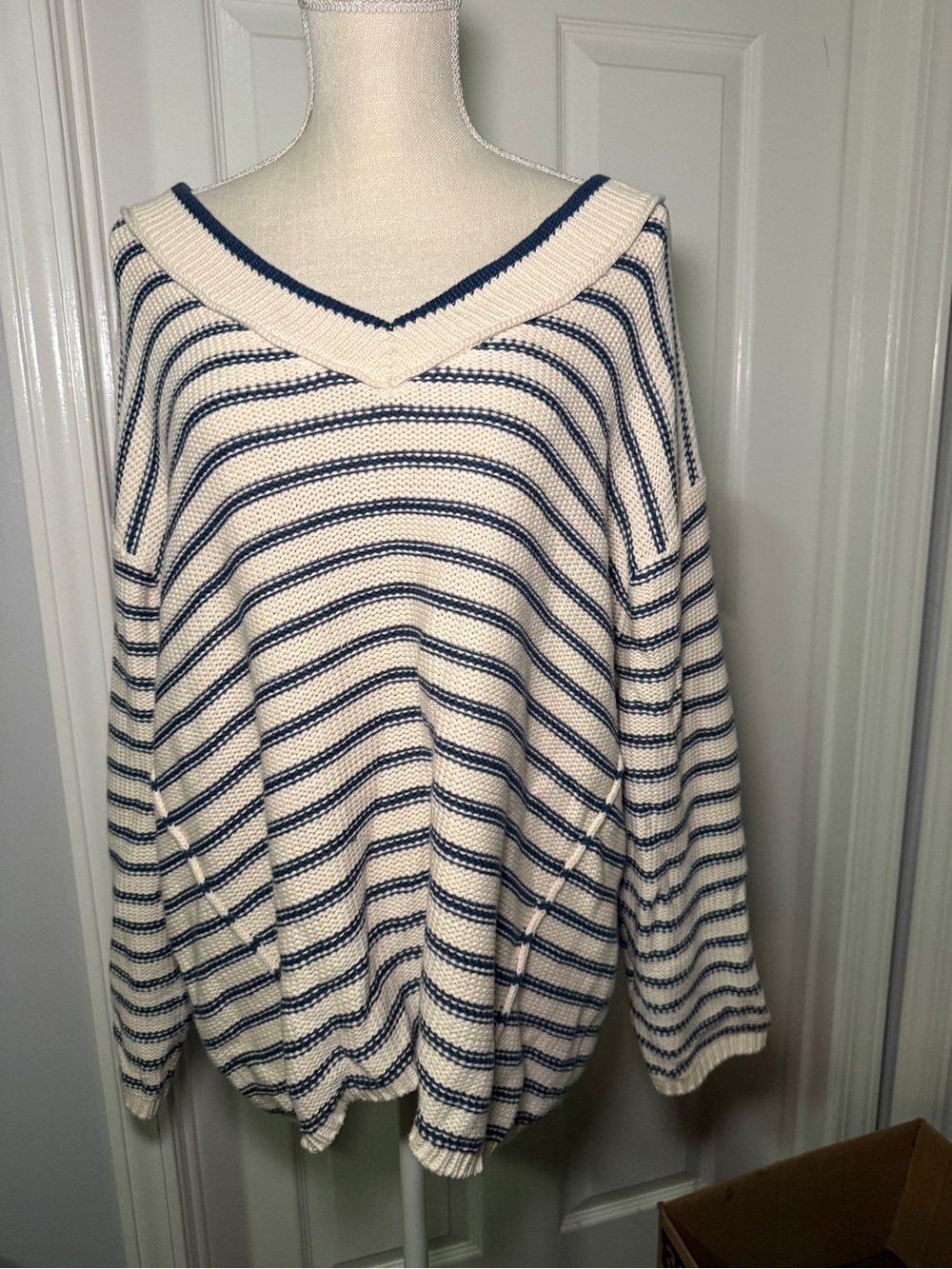 American Eagle Striped V-Neck Sweater Oversized Nautical Fisherman Coastal